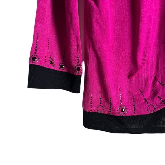 Ming Wang Magenta Pink Black Rhinestone Embellished Cardigan Sweater Size Small - Picture 5 of 11